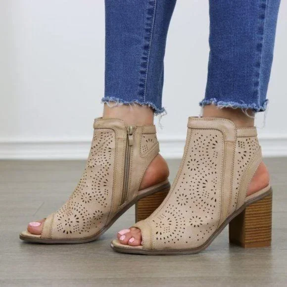 Taupe Laser Cut Design Open Toe Ankle Boots - Picture 3 of 7